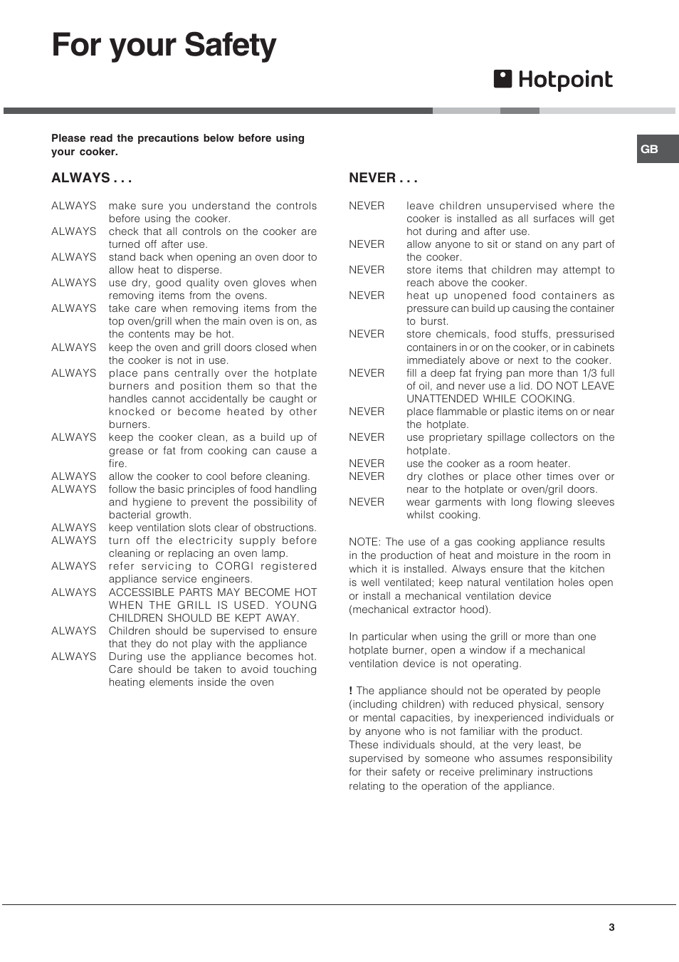 For your safety, Always, Never | Hotpoint EG1000GX User Manual | Page 3 / 32