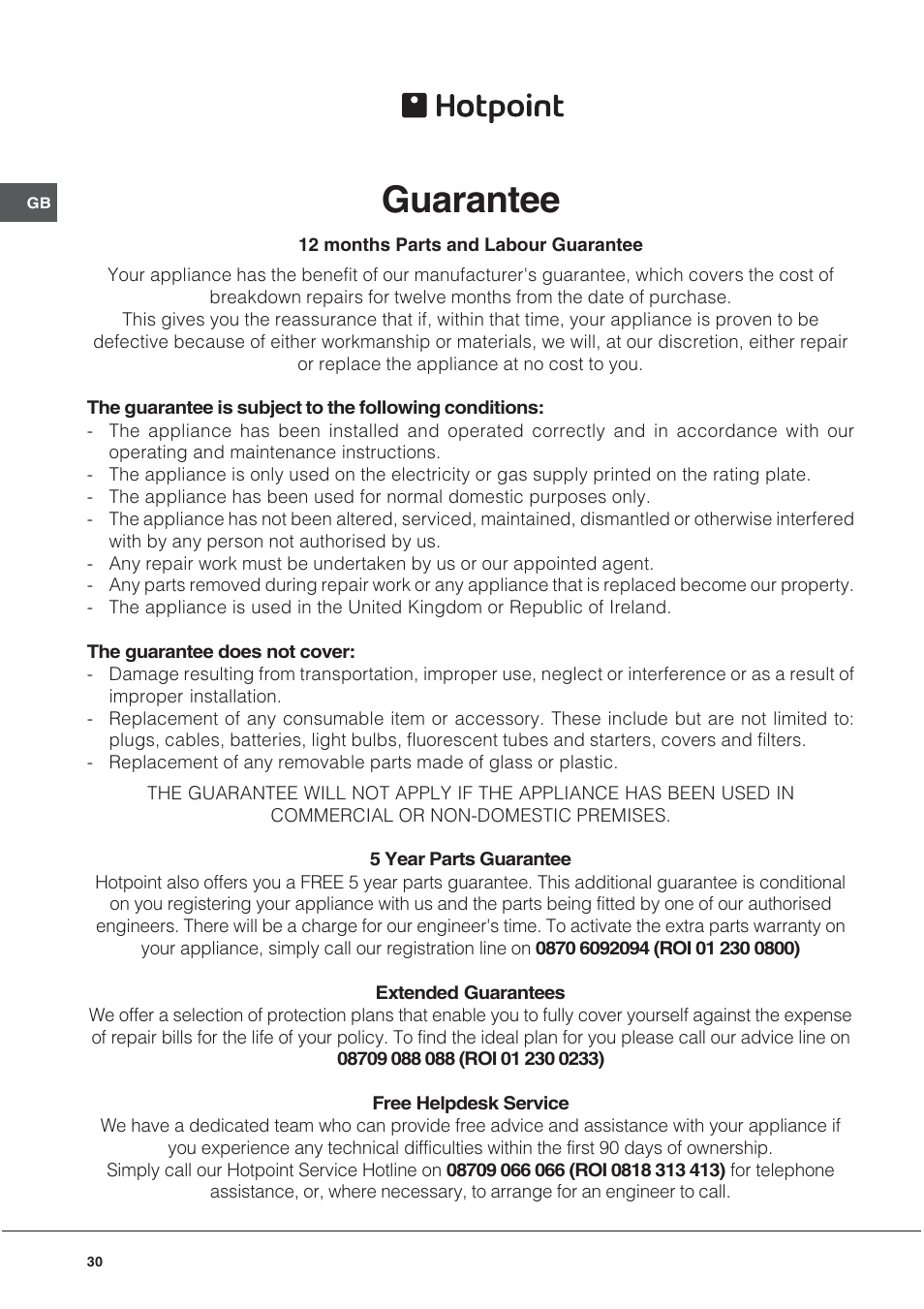 Guarantee | Hotpoint EG1000GX User Manual | Page 30 / 32