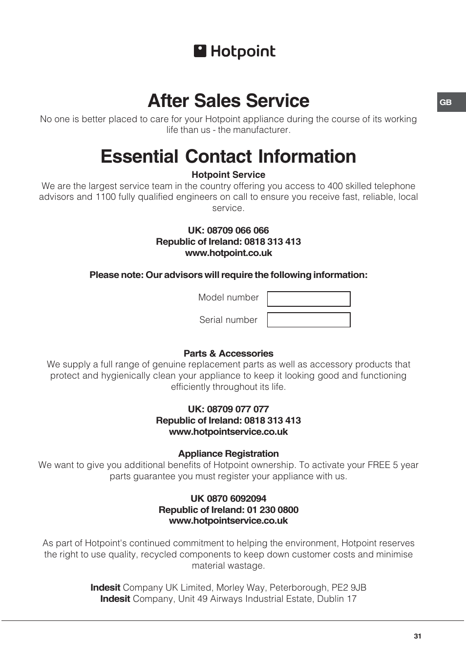 After sales service, Essential contact information | Hotpoint EG1000GX User Manual | Page 31 / 32