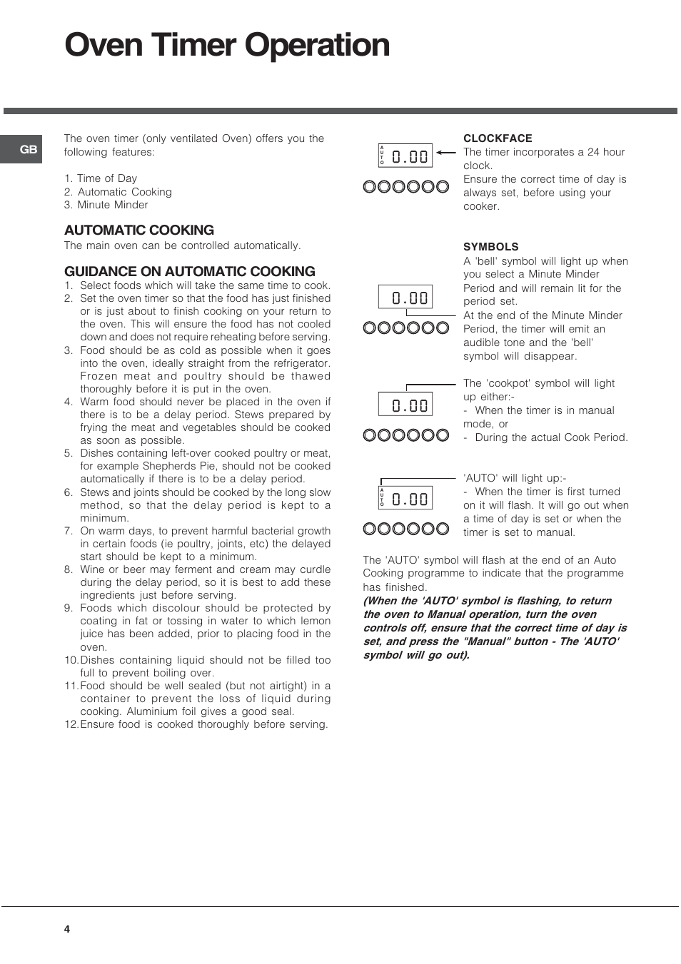 Oven timer operation | Hotpoint EG1000GX User Manual | Page 4 / 32