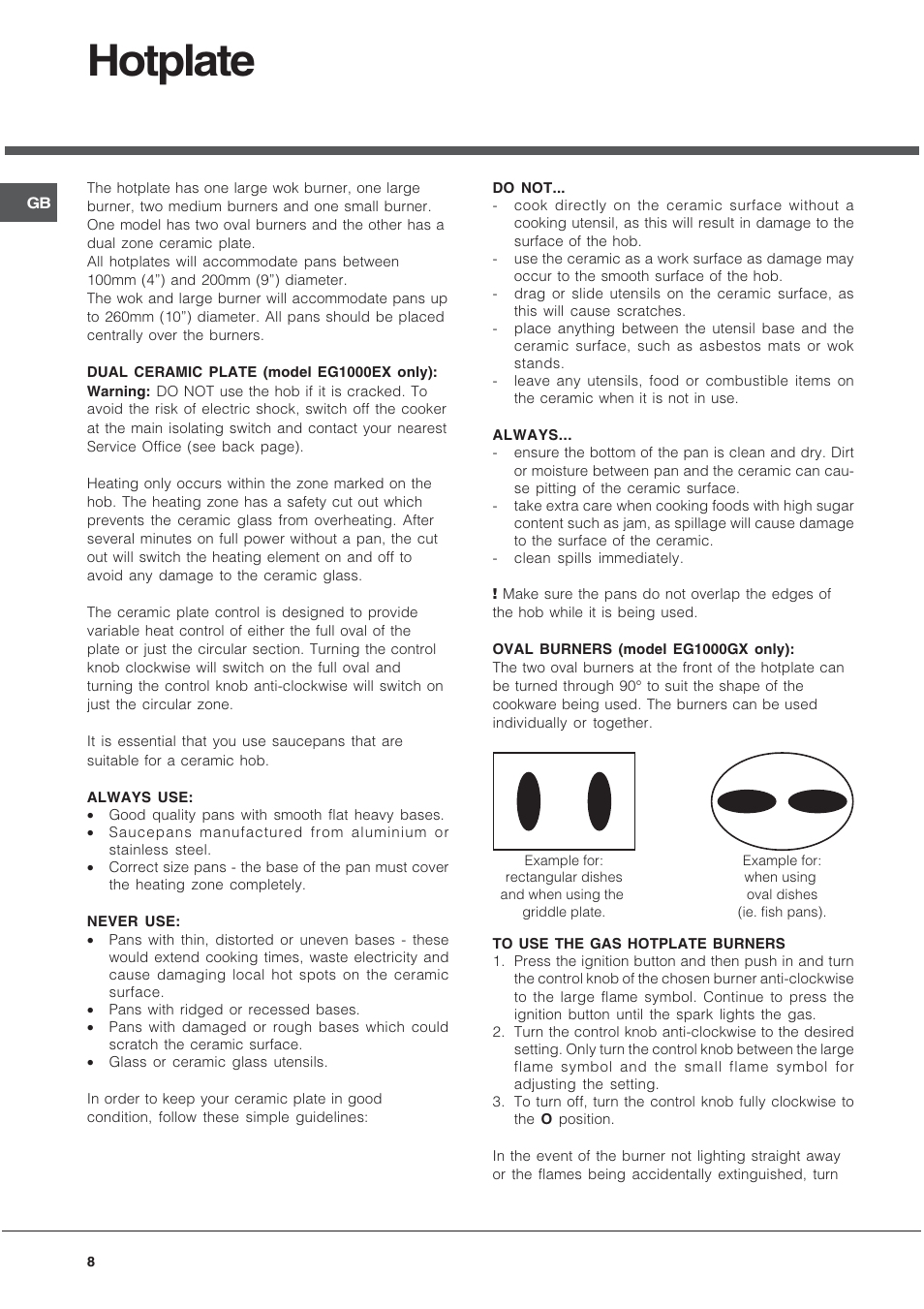 Hotplate | Hotpoint EG1000GX User Manual | Page 8 / 32