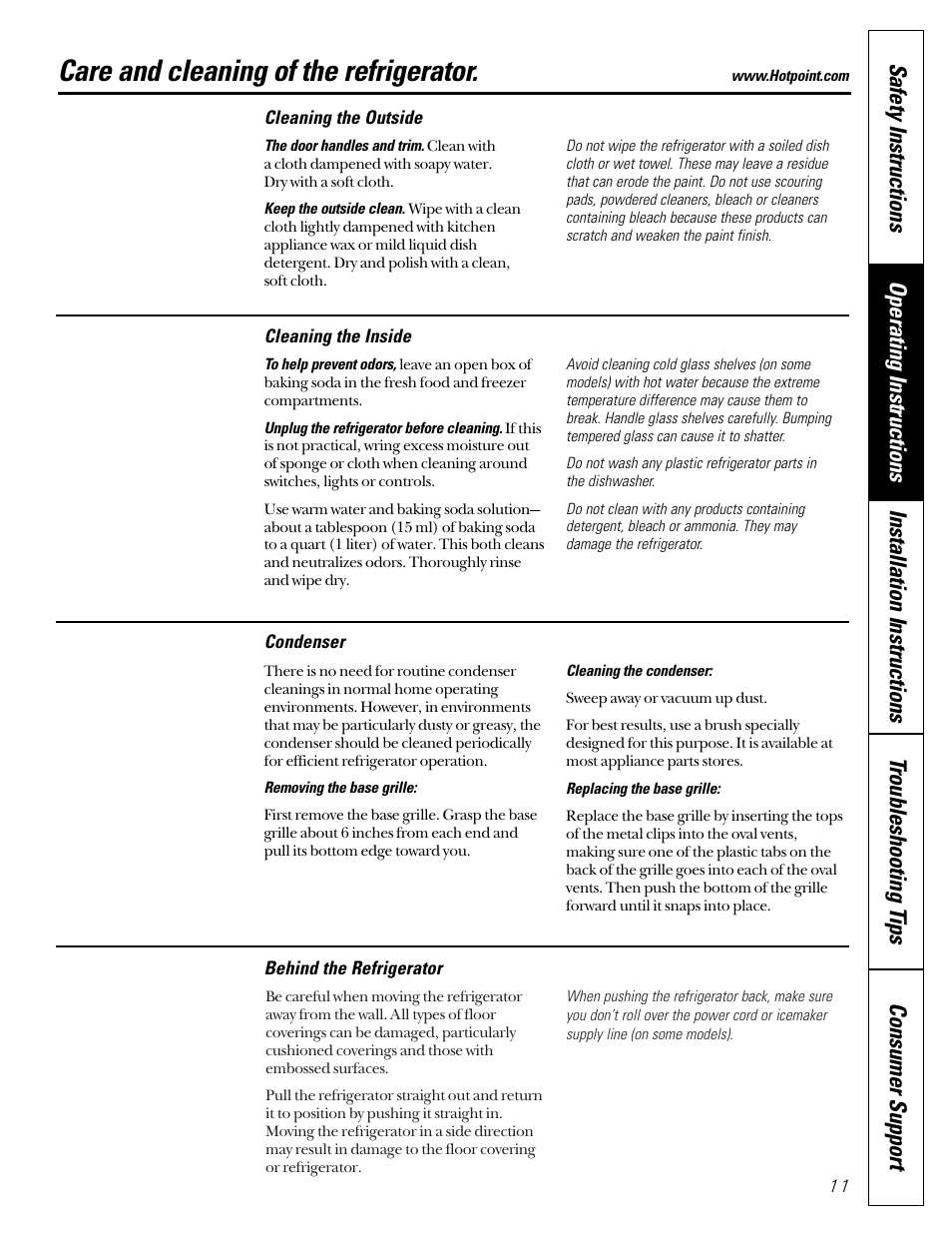 Care and cleaning, Care and cleaning of the refrigerator | Hotpoint 18 User Manual | Page 11 / 32