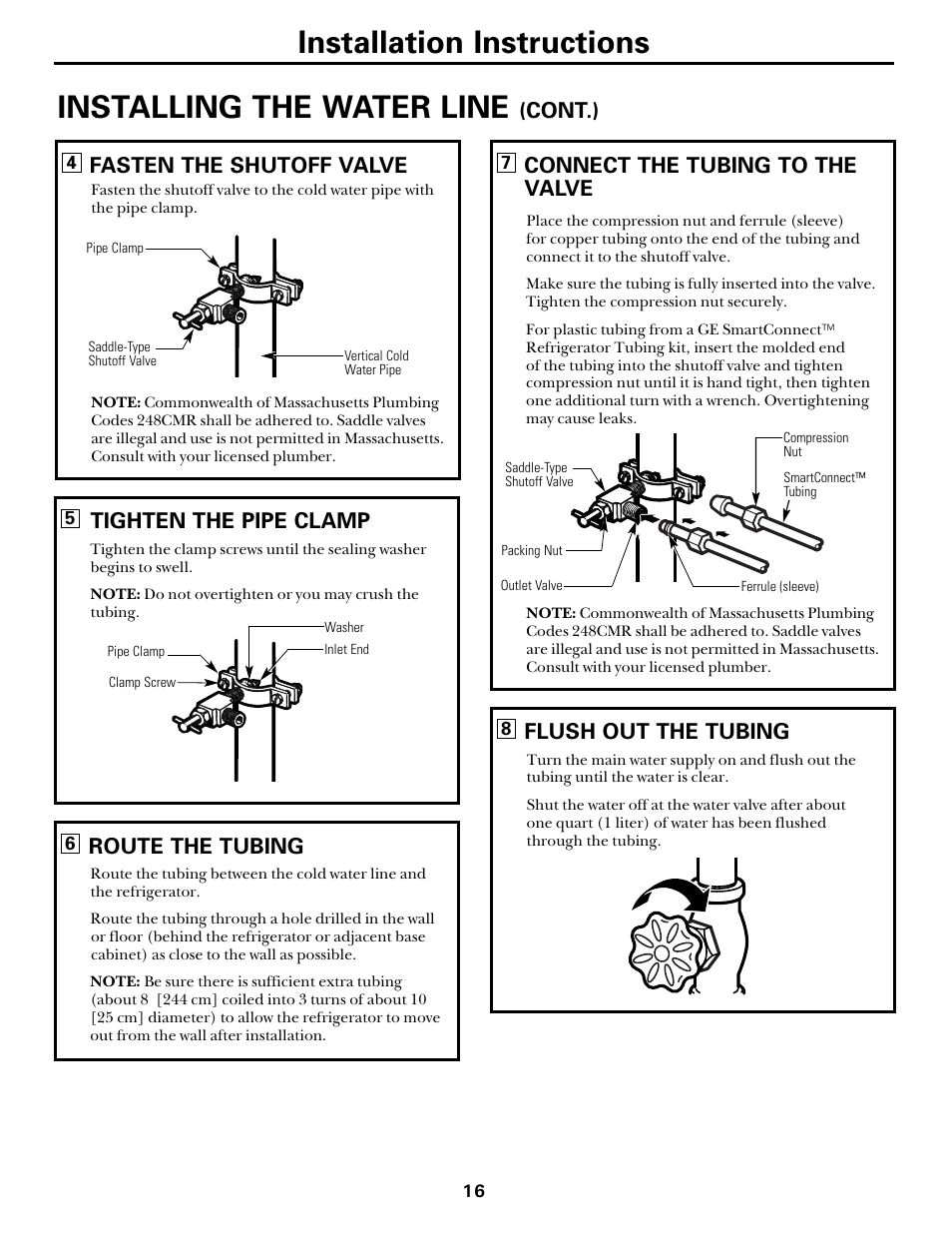 Installing the water line, Installation instructions, Connect the tubing to the valve | Flush out the tubing, Cont.), Fasten the shutoff valve, Tighten the pipe clamp, Route the tubing | Hotpoint 18 User Manual | Page 16 / 32