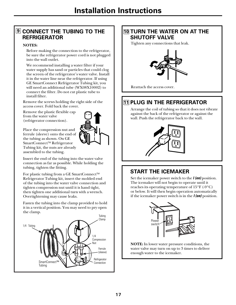 Installation instructions, Connect the tubing to the refrigerator, Turn the water on at the shutoff valve | Plug in the refrigerator, Start the icemaker | Hotpoint 18 User Manual | Page 17 / 32
