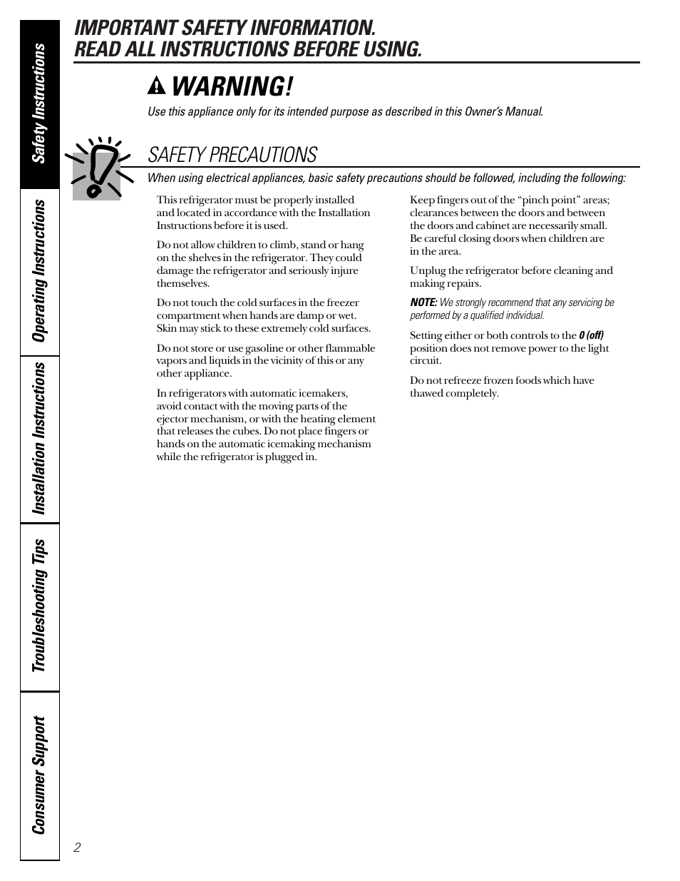 Safety precautions, Warning | Hotpoint 18 User Manual | Page 2 / 32