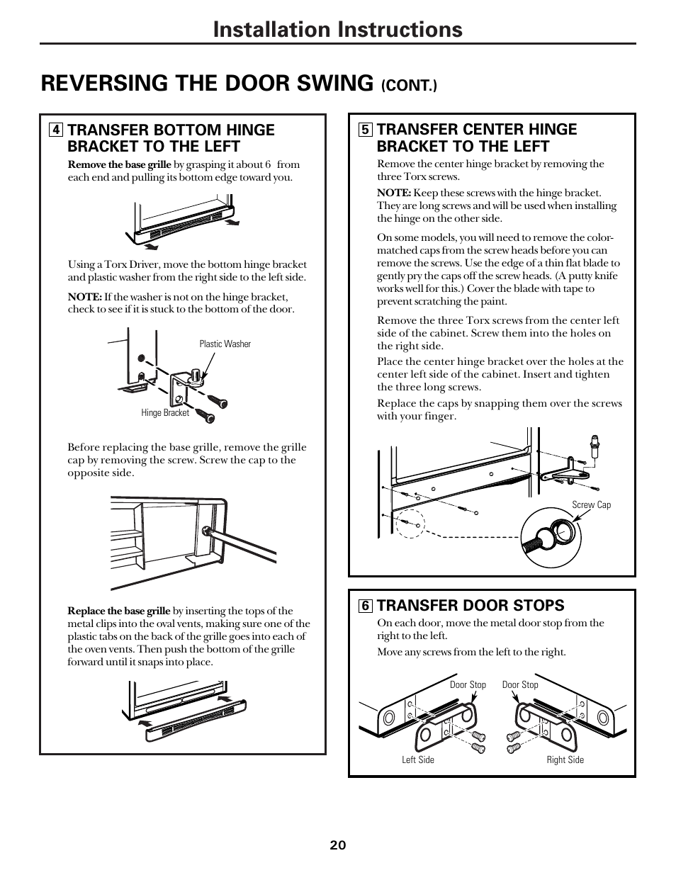 Installation instructions, Reversing the door swing, Transfer bottom hinge bracket to the left | Transfer center hinge bracket to the left, Cont.), Transfer door stops | Hotpoint 18 User Manual | Page 20 / 32