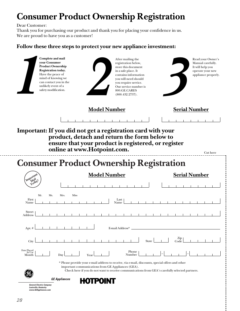 Consumer product ownership registration | Hotpoint 18 User Manual | Page 28 / 32