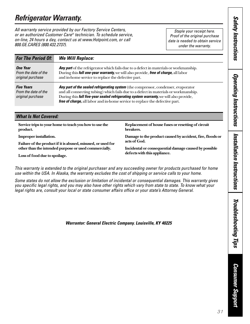 Warranty, Refrigerator warranty | Hotpoint 18 User Manual | Page 31 / 32