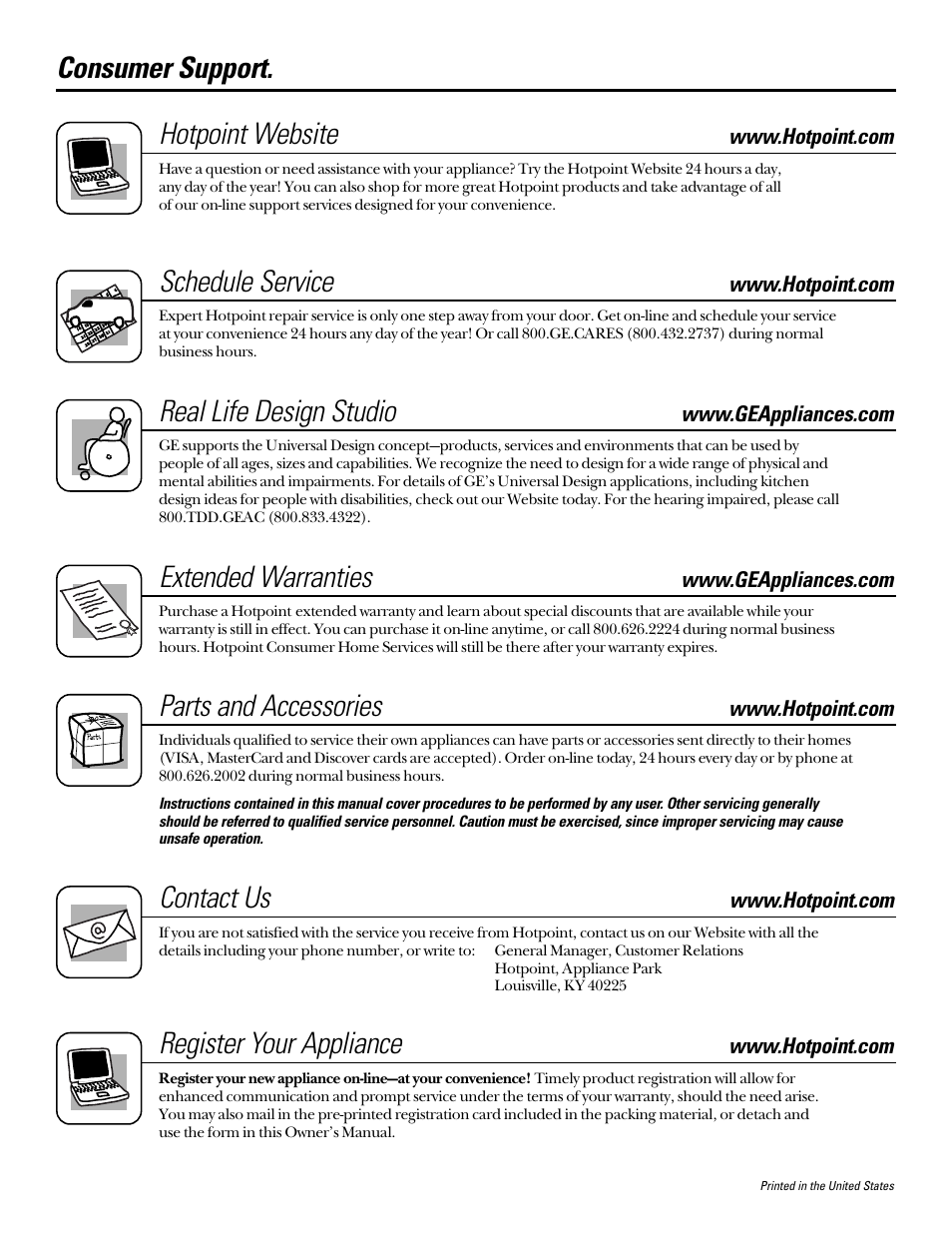 Consumer support, Consumer support . . . . . .back cover, Hotpoint website | Schedule service, Real life design studio, Extended warranties, Parts and accessories, Contact us, Register your appliance | Hotpoint 18 User Manual | Page 32 / 32