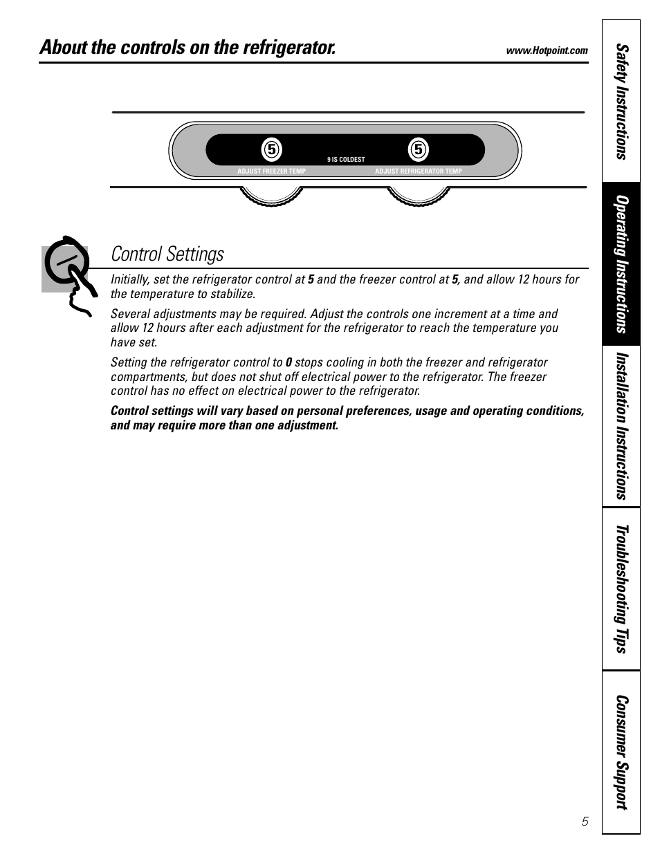 Controls, About the controls on the refrigerator, Control settings | Hotpoint 18 User Manual | Page 5 / 32