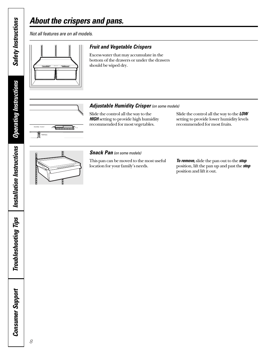 Crispers and pans, Crispers and pans , 9, About the crispers and pans | Hotpoint 18 User Manual | Page 8 / 32