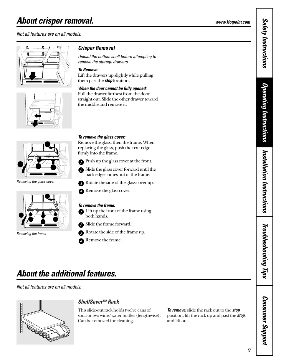 Additional features, About crisper removal, About the additional features | Hotpoint 18 User Manual | Page 9 / 32