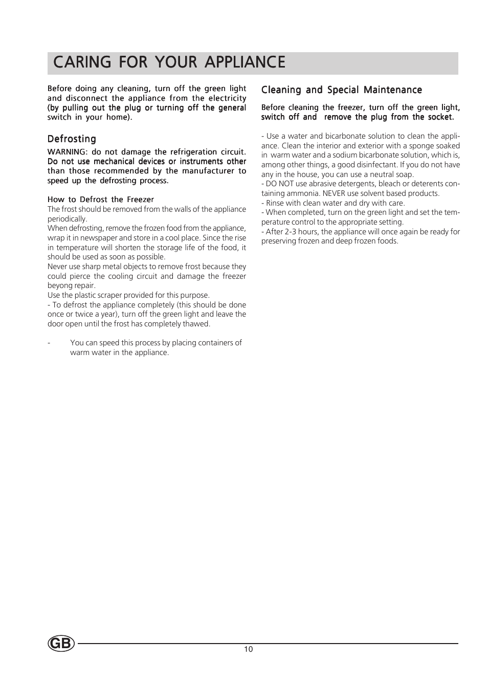 Caring for your appliance | Hotpoint HUZ121 User Manual | Page 10 / 16