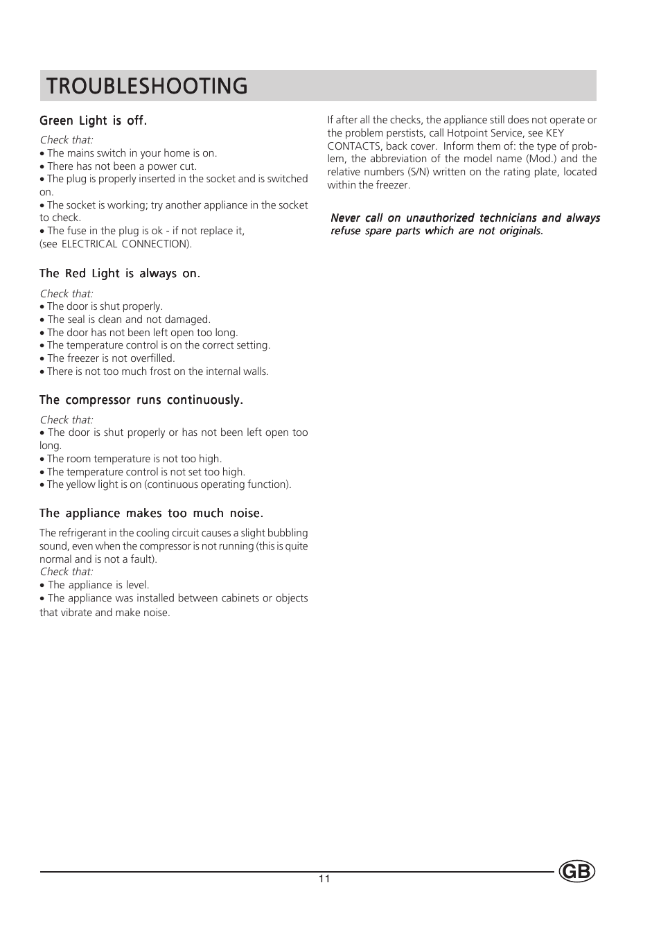 Troubleshooting | Hotpoint HUZ121 User Manual | Page 11 / 16