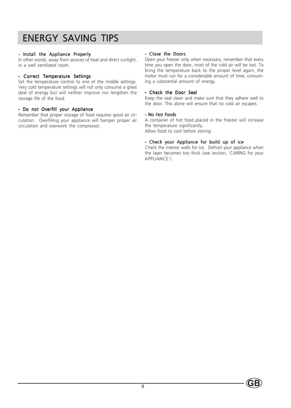 Energy saving tips | Hotpoint HUZ121 User Manual | Page 9 / 16
