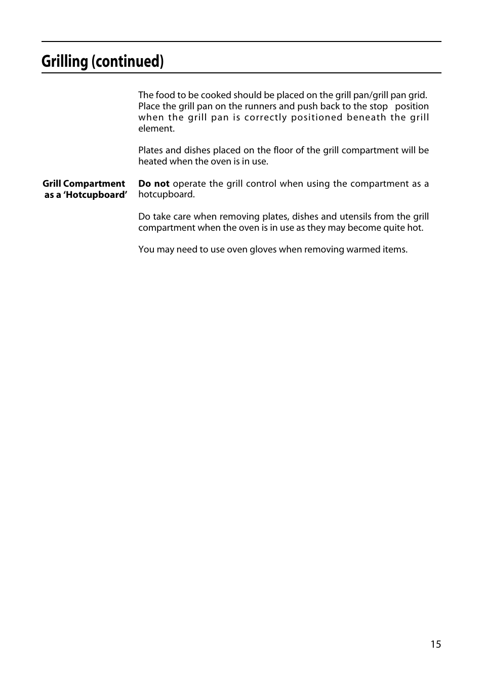 Grilling (continued) | Hotpoint EDC51 User Manual | Page 15 / 28
