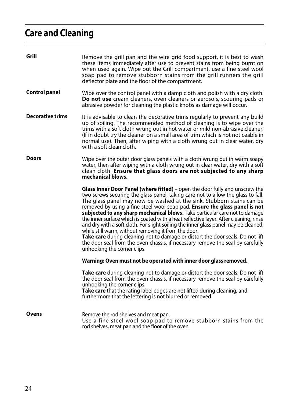 Care and cleaning | Hotpoint EDC51 User Manual | Page 24 / 28