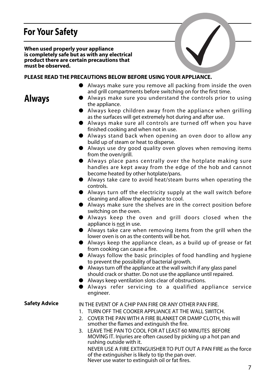 For your safety, Always | Hotpoint EDC51 User Manual | Page 7 / 28