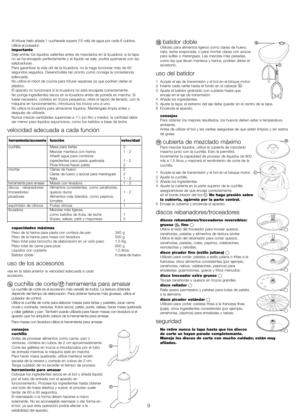 Velocidad adecuada a cada función, Uso de los accesorios, Cuchilla de corte | Herramienta para amasar, Batidor doble, Uso del batidor, Cubierta de mezclado máximo, Discos rebanadores/troceadores, Seguridad | Kenwood FP480 User Manual | Page 11 / 34