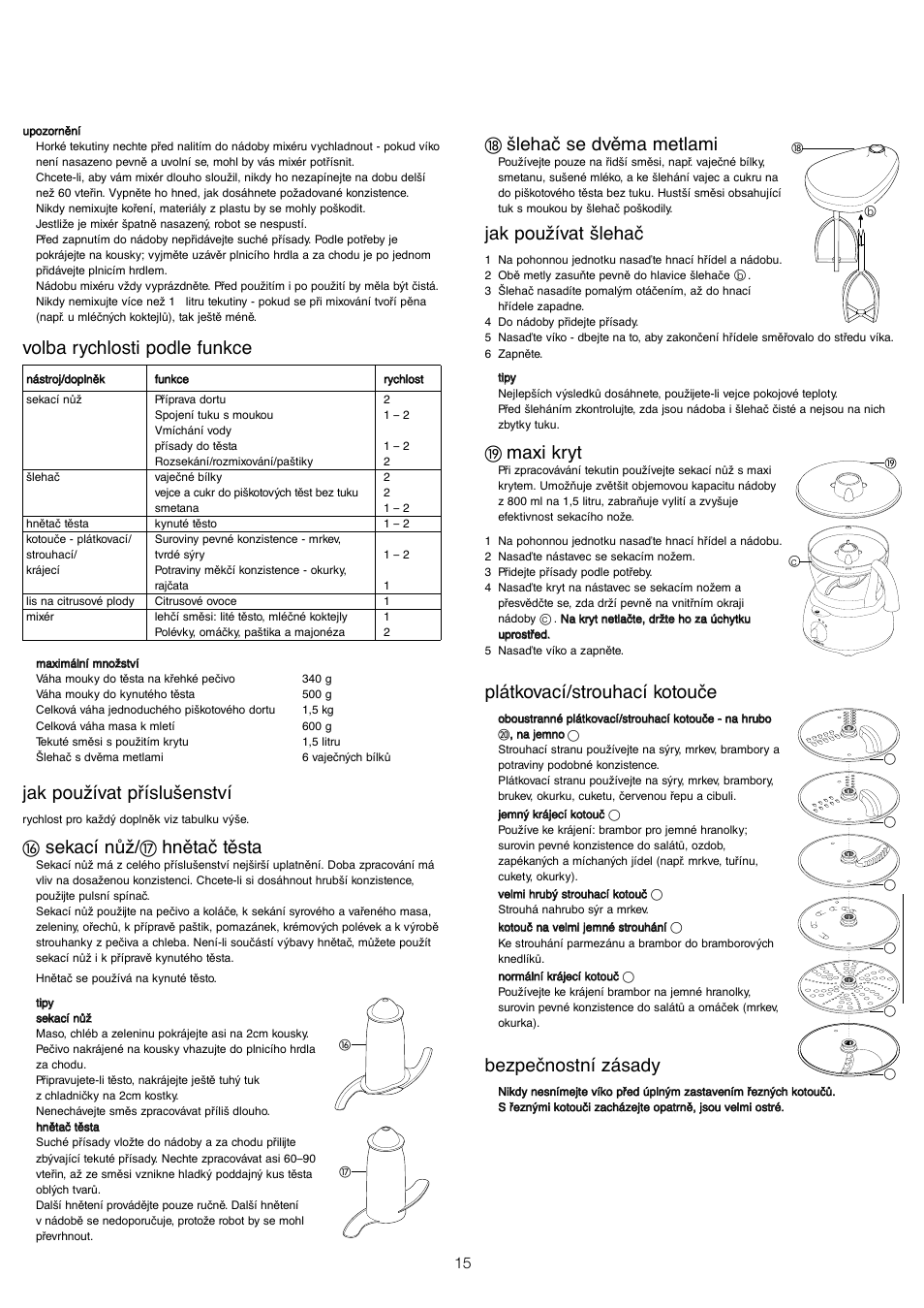 Volba rychlosti podle funkce, Jak používat příslušenství, Sekací nůž | Hnětač těsta, Šlehač se dvěma metlami, Jak používat šlehač, Maxi kryt, Plátkovací/strouhací kotouče, Bezpečnostní zásady | Kenwood FP480 User Manual | Page 17 / 34