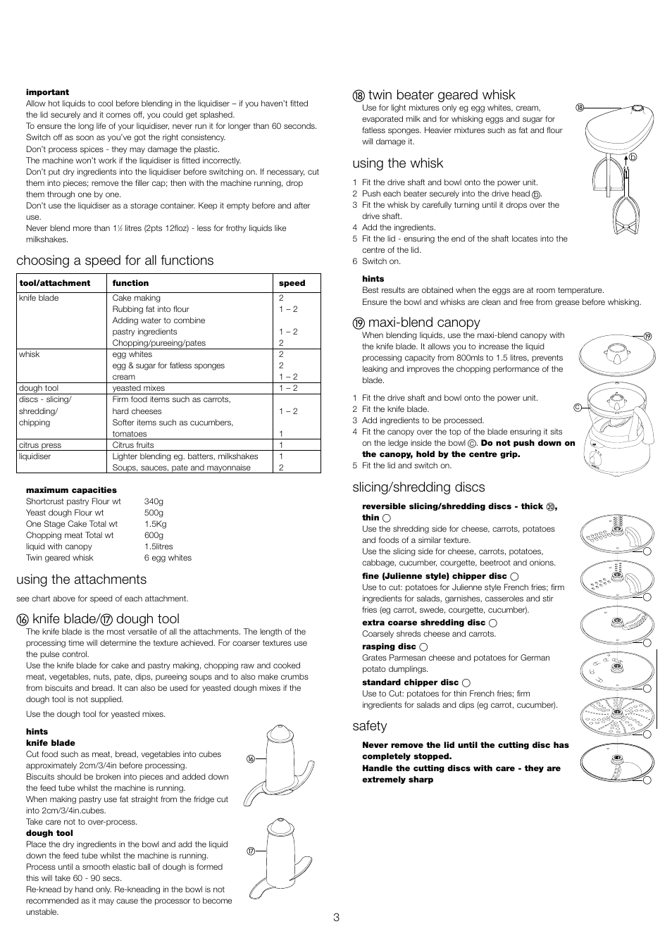 Choosing a speed for all functions, Using the attachments, Knife blade | Dough tool, Twin beater geared whisk, Using the whisk, Maxi-blend canopy, Slicing/shredding discs, Safety | Kenwood FP480 User Manual | Page 5 / 34