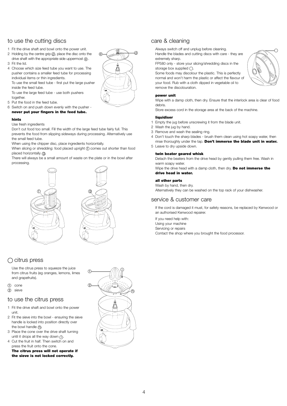 Citrus press, Care & cleaning, Service & customer care | Kenwood FP480 User Manual | Page 6 / 34