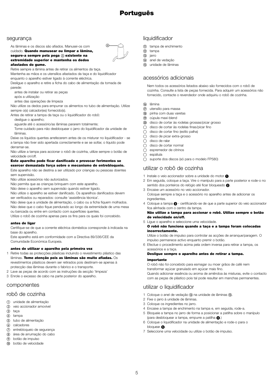 Português, Liquidificador, Acessórios adicionais | Utilizar o robô de cozinha, Utilizar o liquidificador, Segurança, Componentes robô de cozinha | Kenwood FP480 User Manual | Page 7 / 34