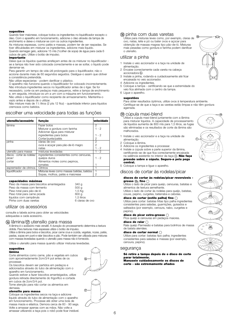 Escolher uma velocidade para todas as funções, Utilizar os acessórios, Lâmina | Utensílio para massa, Pinha com duas varetas, Utilizar a pinha, Cúpula maxi-blend, Discos de cortar às rodelas/picar, Segurança | Kenwood FP480 User Manual | Page 8 / 34