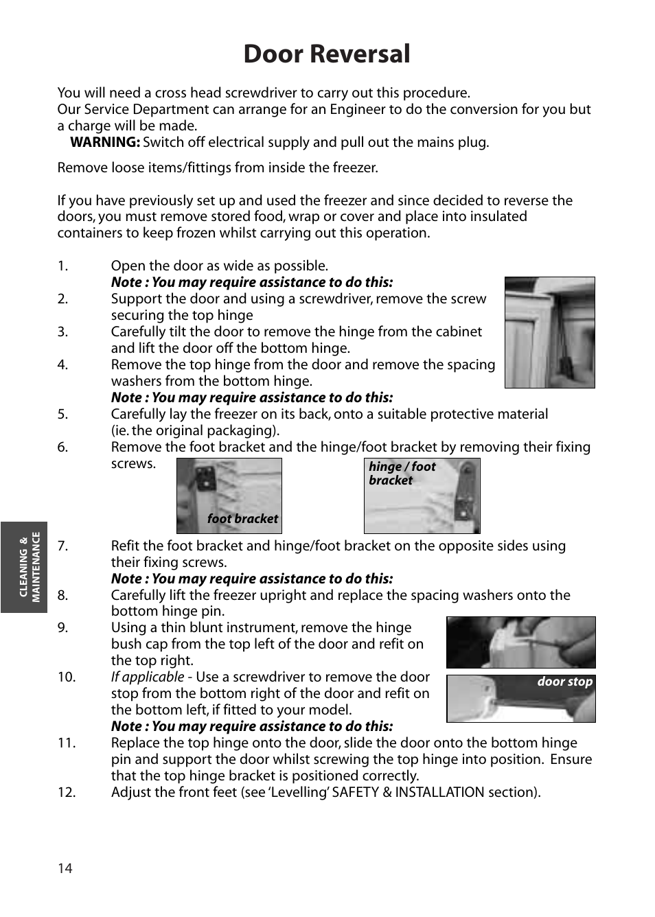 Door reversal | Hotpoint FZA30 User Manual | Page 14 / 20