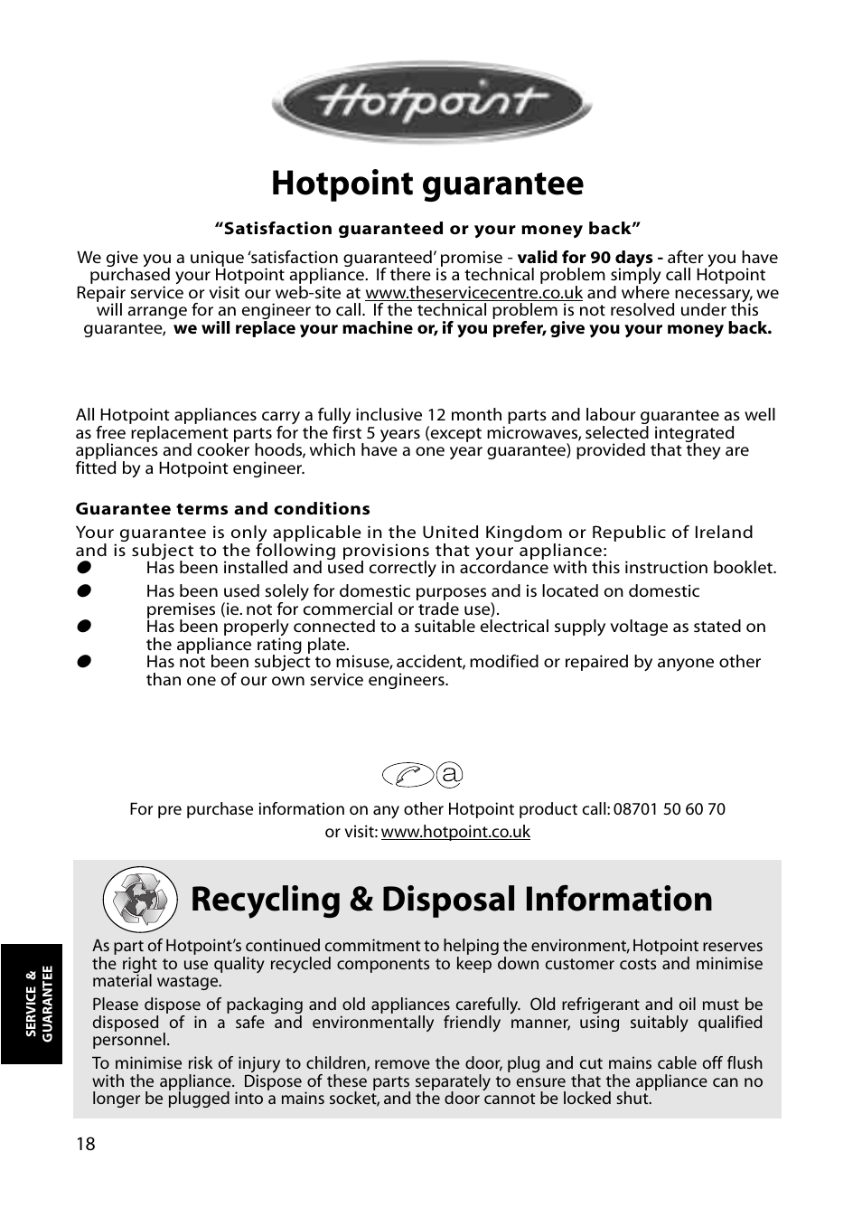 Hotpoint guarantee, Recycling & disposal information | Hotpoint FZA30 User Manual | Page 18 / 20