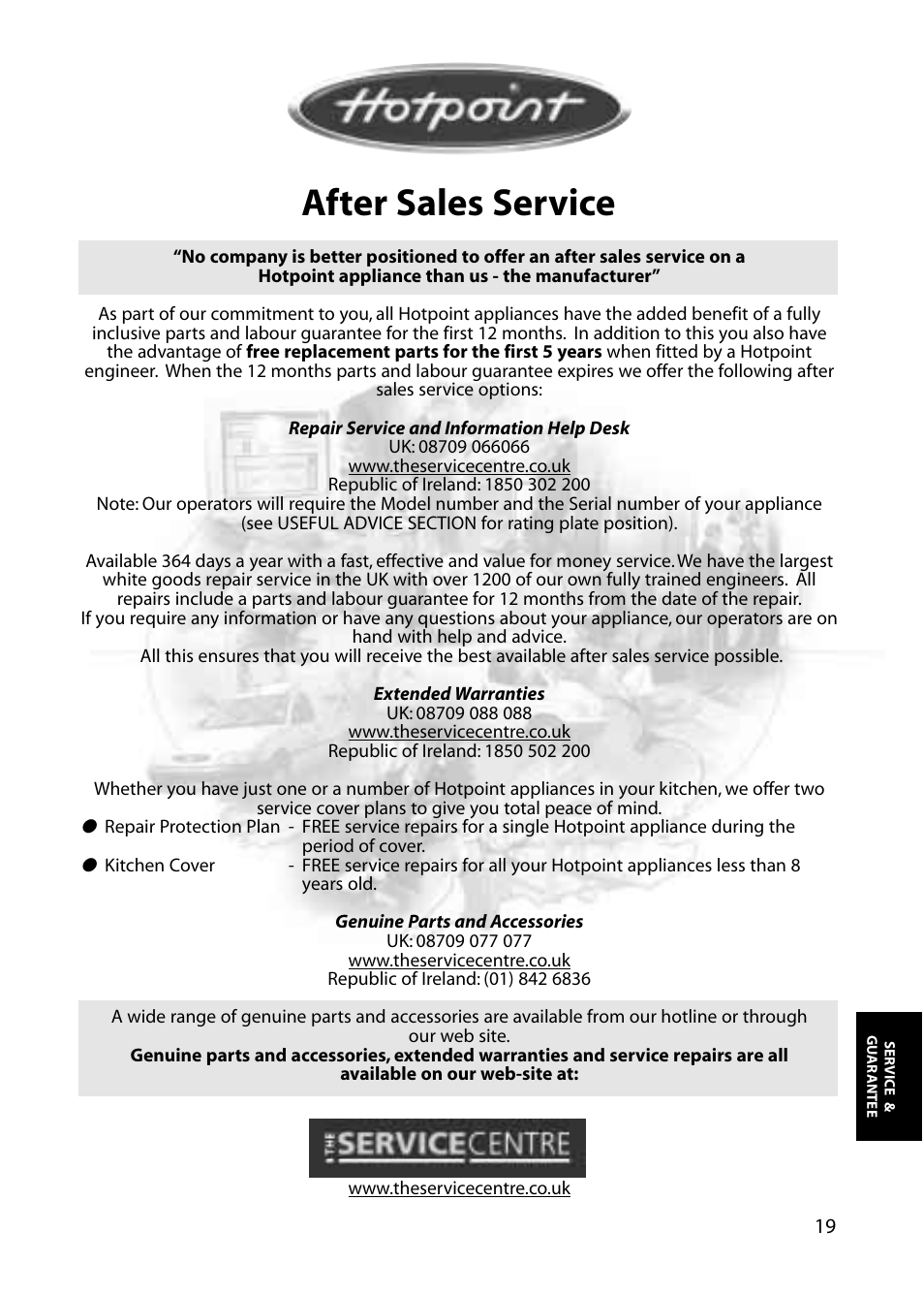 After sales service | Hotpoint FZA30 User Manual | Page 19 / 20