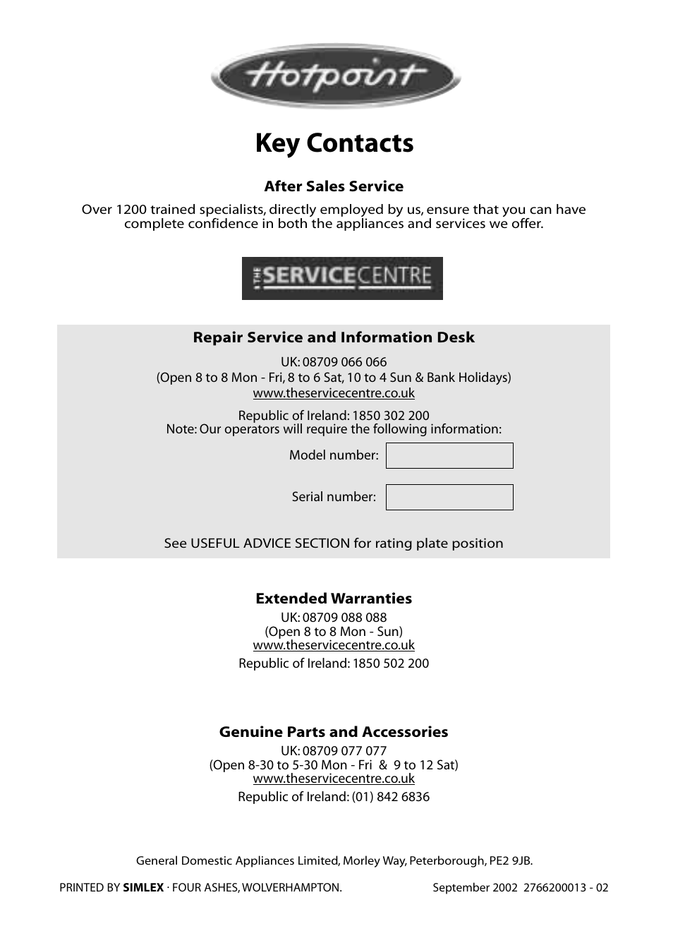 Key contacts | Hotpoint FZA30 User Manual | Page 20 / 20