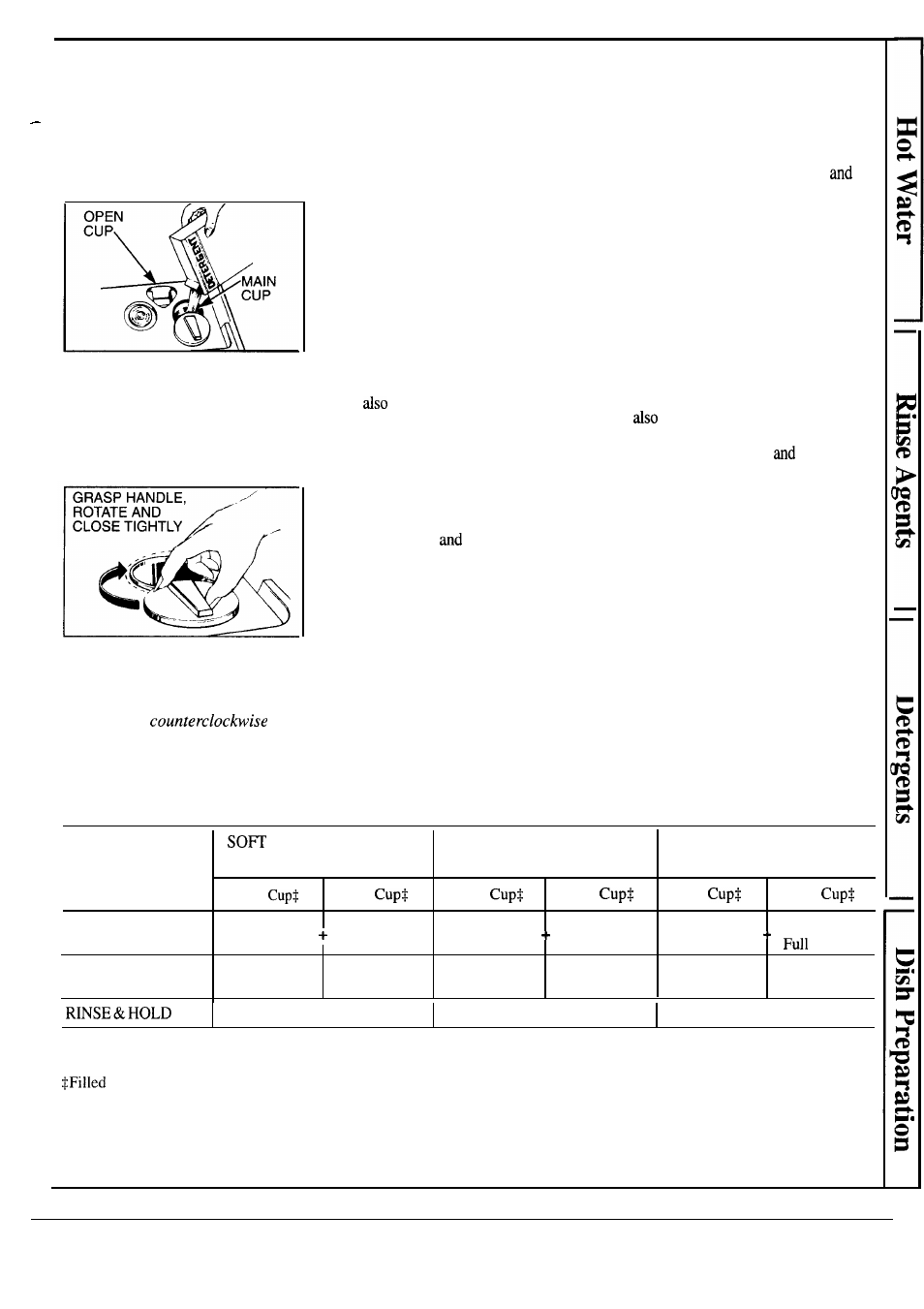 Soil level, Dispenser cups, How to prepare the dishes for washing | Detergent usage guide (powder or liquid) | Hotpoint HDA489 User Manual | Page 7 / 16
