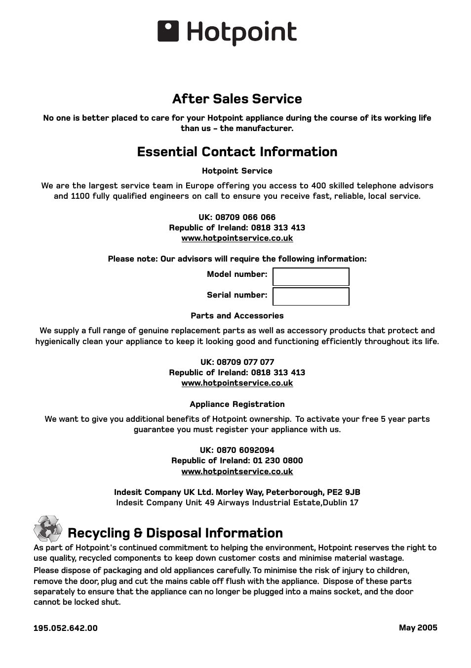 After sales service, Essential contact information, Recycling & disposal information | Hotpoint BS 1400 User Manual | Page 20 / 20