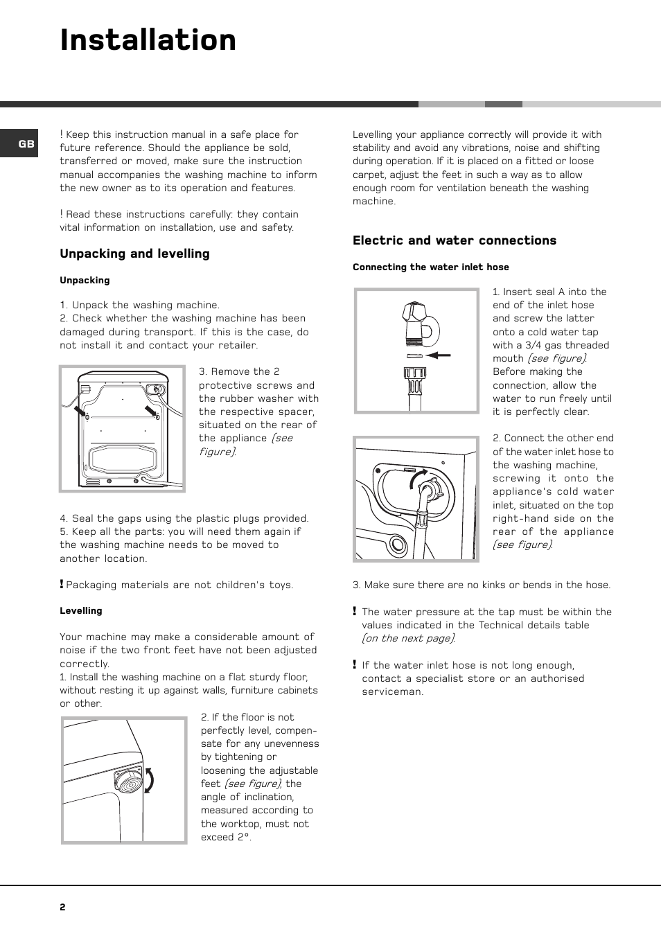 Installation, Unpacking and levelling, Electric and water connections | Hotpoint BS 1400 User Manual | Page 4 / 20