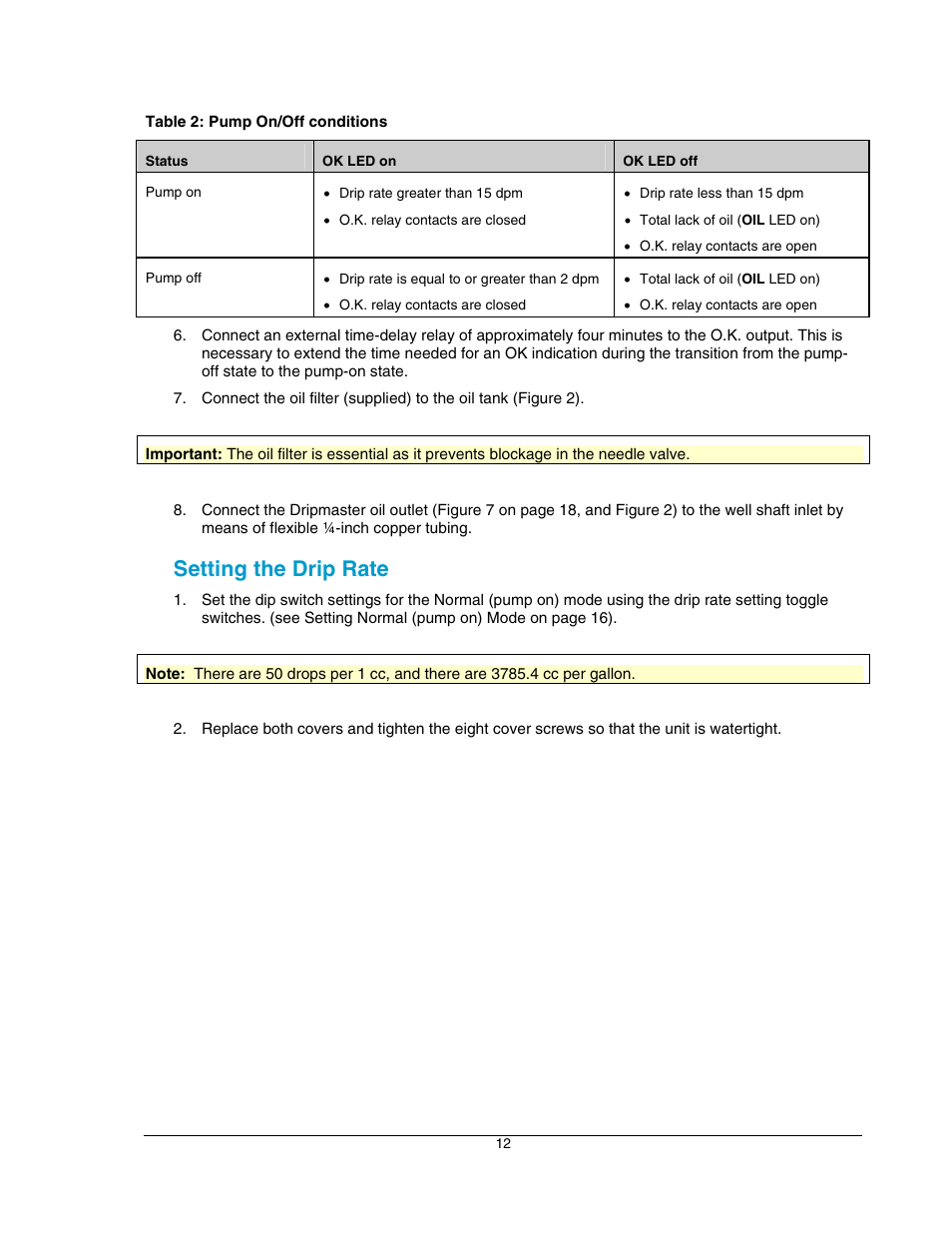 Setting the drip rate, Table 2: pump on/off conditions | Hoffman Media DRIPMASTER EDD-4C User Manual | Page 12 / 29