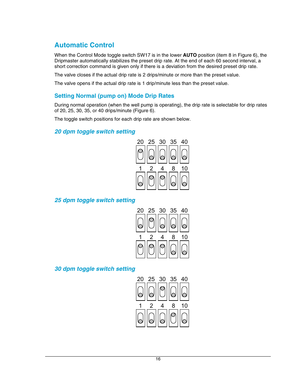 Automatic control, Setting normal (pump on) mode drip rates, Setting normal (pump on) mode o | Ge 16) | Hoffman Media DRIPMASTER EDD-4C User Manual | Page 16 / 29