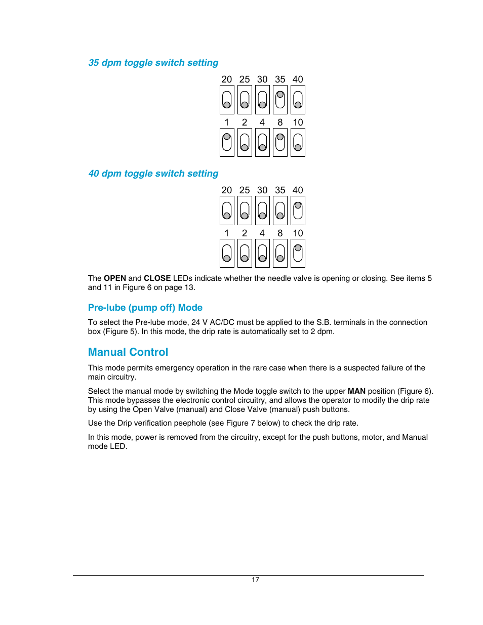 Pre-lube (pump off) mode, Manual control | Hoffman Media DRIPMASTER EDD-4C User Manual | Page 17 / 29