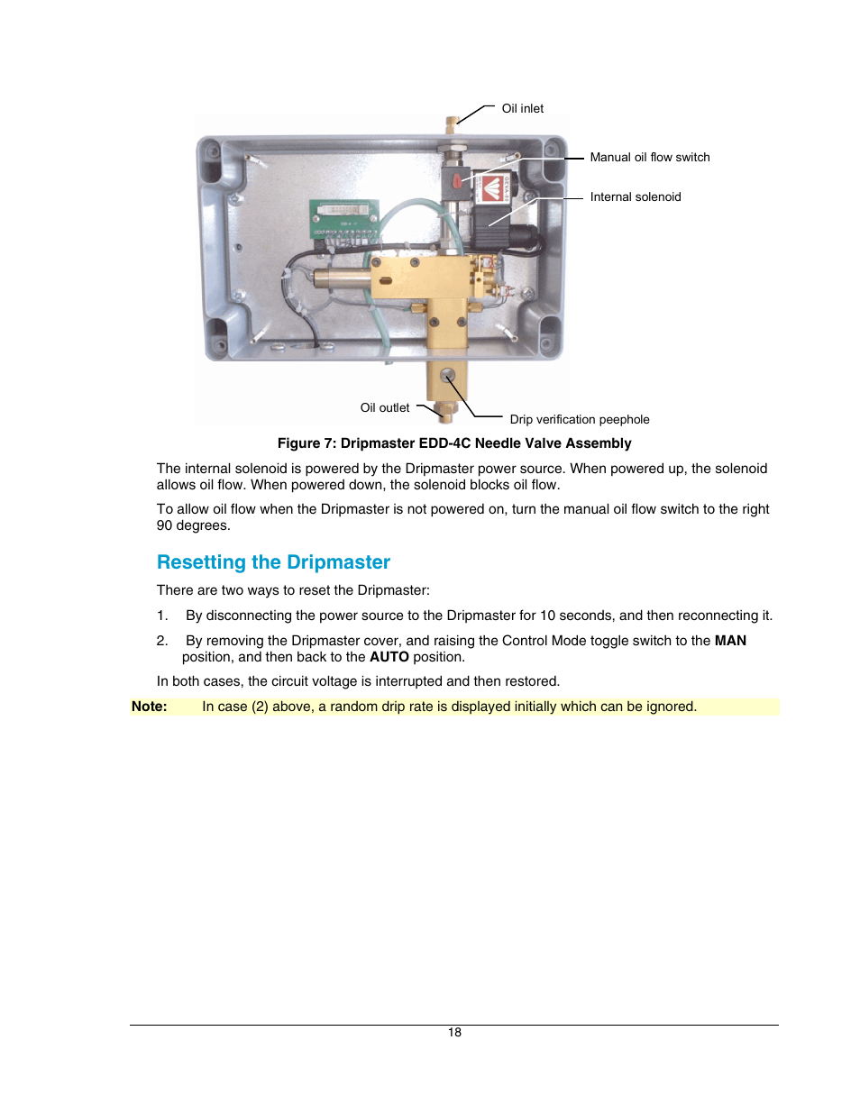 Resetting the dripmaster, Figure 7: dripmaster edd-4c needle valve assembly, Figure 7 belo | Hoffman Media DRIPMASTER EDD-4C User Manual | Page 18 / 29