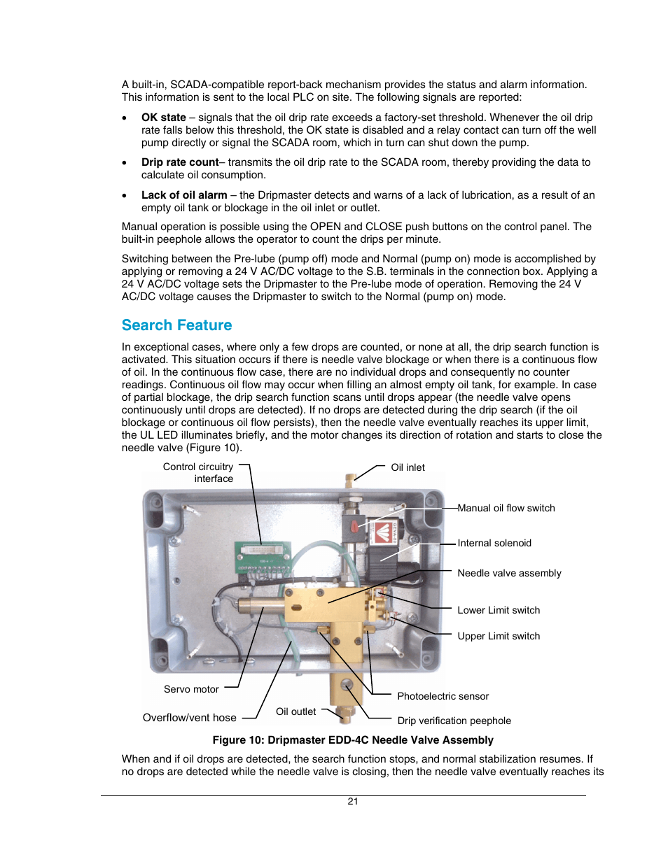 Search feature, Figure 10: dripmaster edd-4c needle valve assembly, Sembly (see figure 10 on | Be (pump off) mode, the drip led | Hoffman Media DRIPMASTER EDD-4C User Manual | Page 21 / 29
