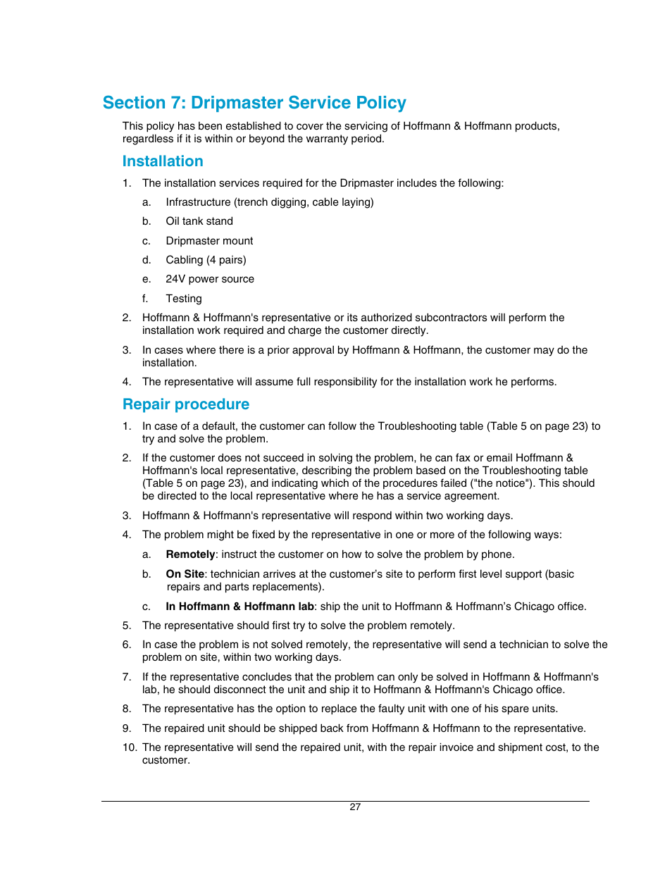 Section 7: dripmaster service policy, Section 7, Installation | Repair procedure | Hoffman Media DRIPMASTER EDD-4C User Manual | Page 27 / 29