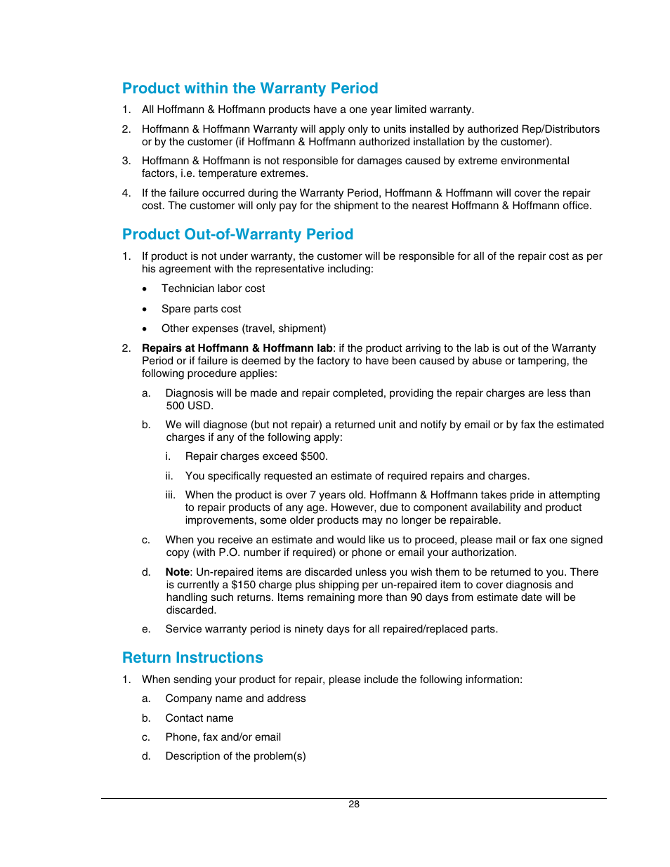 Product within the warranty period, Product out-of-warranty period, Return instructions | Hoffman Media DRIPMASTER EDD-4C User Manual | Page 28 / 29