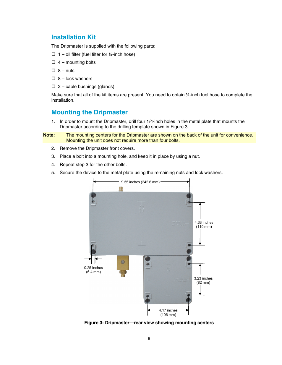 Installation kit, Mounting the dripmaster | Hoffman Media DRIPMASTER EDD-4C User Manual | Page 9 / 29
