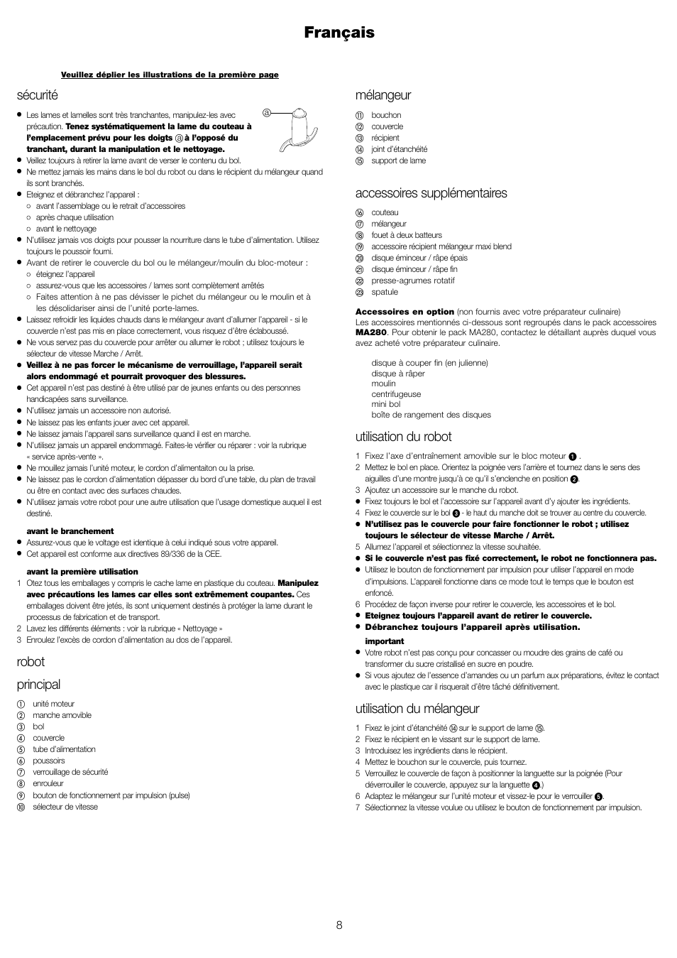 Français, Mélangeur, Accessoires supplémentaires | Utilisation du robot, Utilisation du mélangeur, Sécurité, Robot principal | Kenwood FP591 User Manual | Page 10 / 37