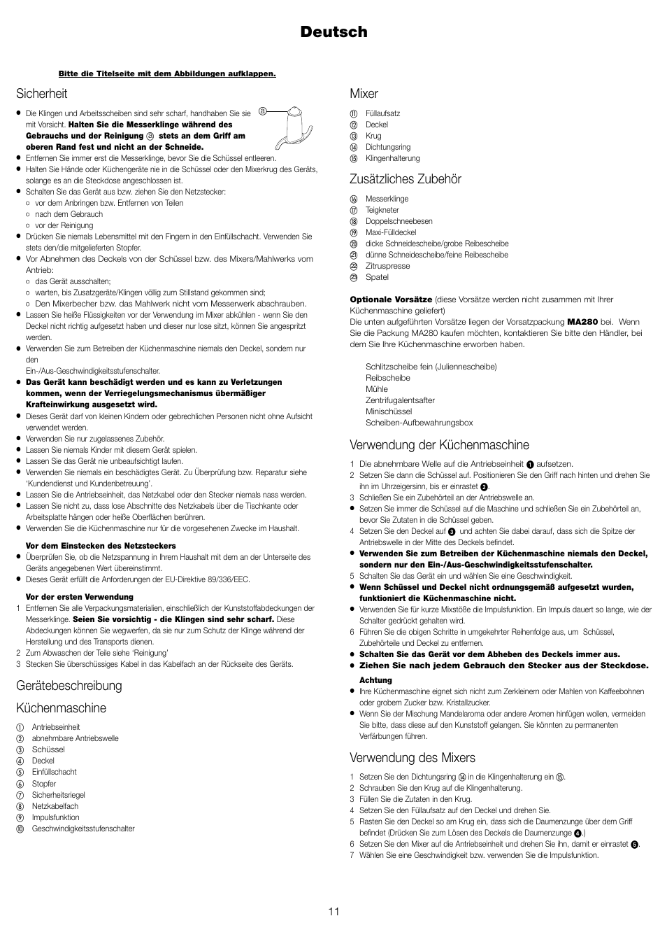 Deutsch, Mixer, Zusätzliches zubehör | Verwendung der küchenmaschine, Verwendung des mixers, Sicherheit, Gerätebeschreibung küchenmaschine | Kenwood FP591 User Manual | Page 13 / 37