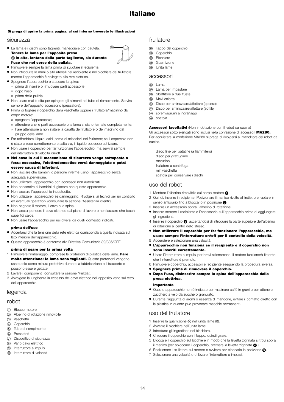 Italiano, Frullatore, Accessori | Uso del robot, Uso del frullatore, Sicurezza, Legenda robot | Kenwood FP591 User Manual | Page 16 / 37