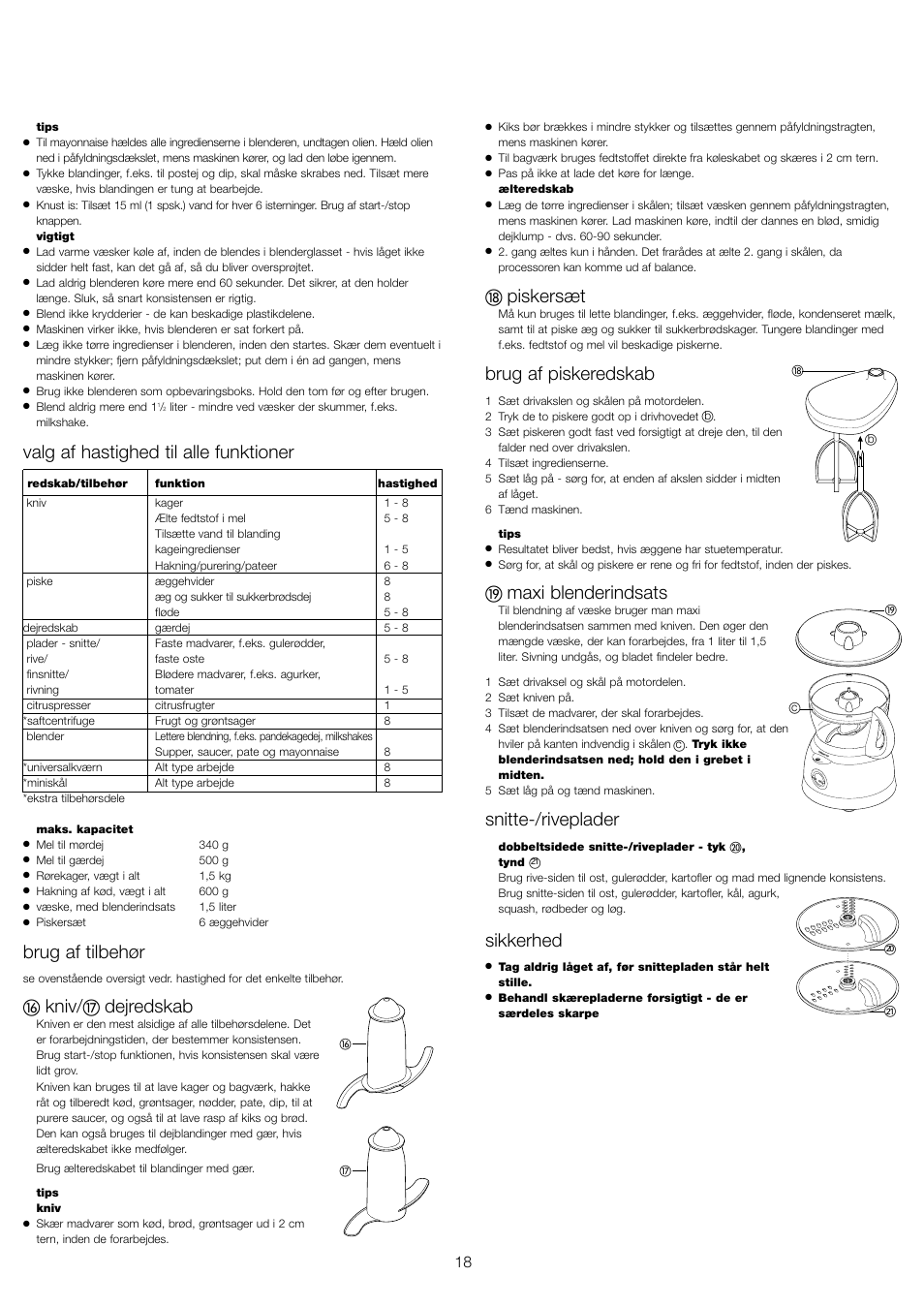 Valg af hastighed til alle funktioner, Brug af tilbehør, Kniv | Dejredskab, Piskersæt, Brug af piskeredskab, Maxi blenderindsats, Snitte-/riveplader, Sikkerhed | Kenwood FP591 User Manual | Page 20 / 37