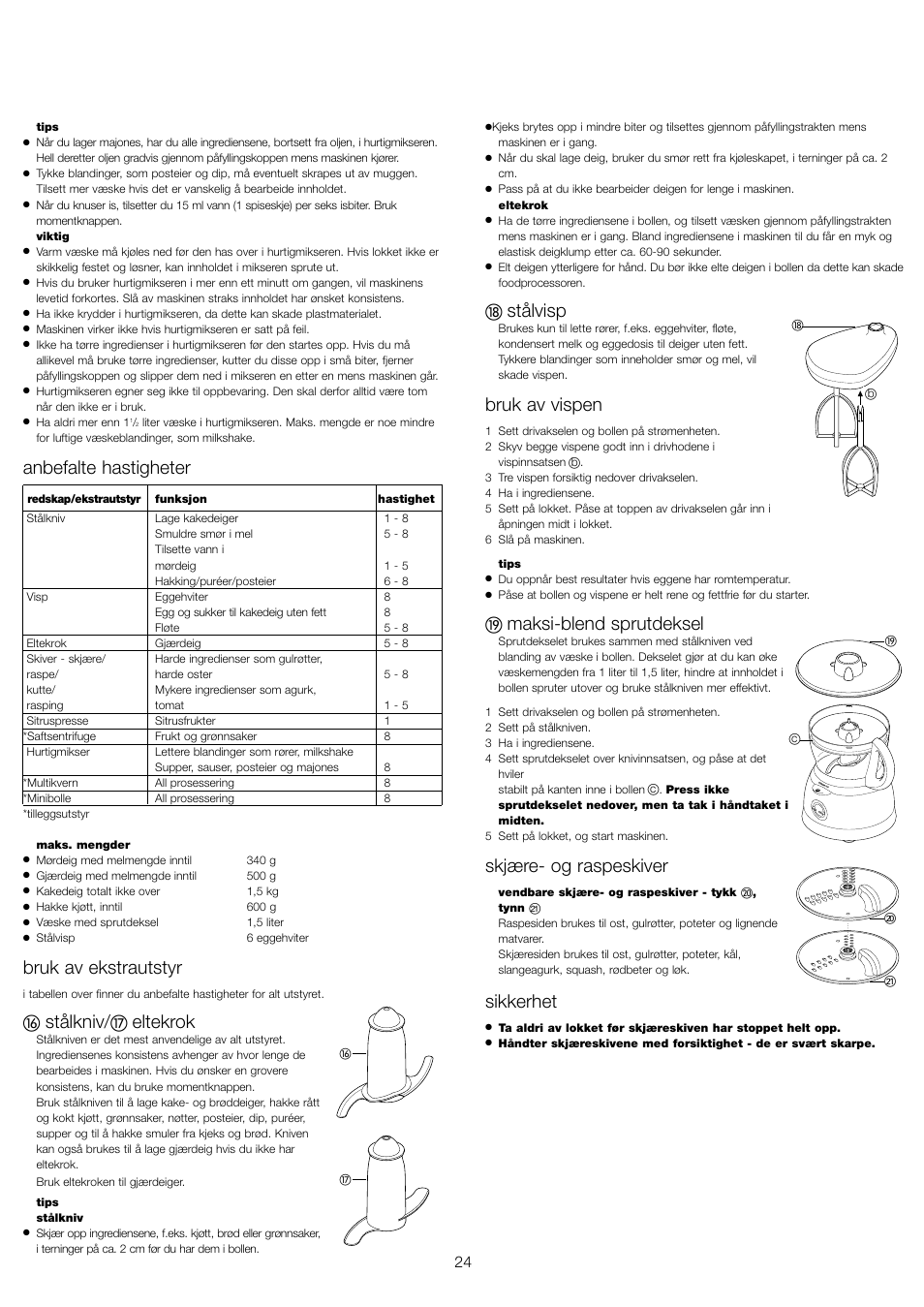 Anbefalte hastigheter, Bruk av ekstrautstyr, Stålkniv | Eltekrok, Stålvisp, Bruk av vispen, Maksi-blend sprutdeksel, Skjære- og raspeskiver, Sikkerhet | Kenwood FP591 User Manual | Page 26 / 37