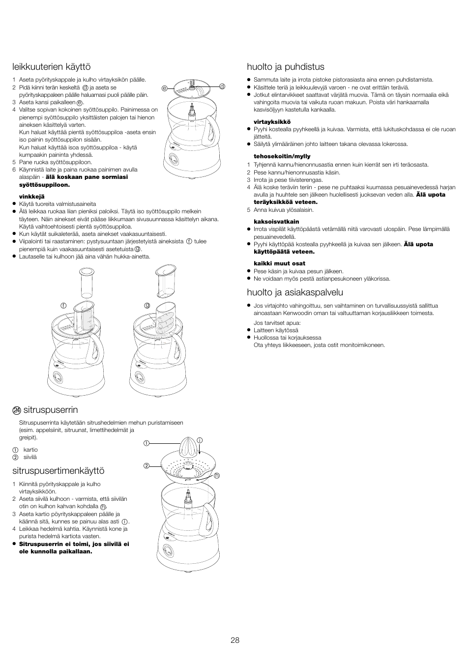 Leikkuuterien käyttö, Sitruspuserrin, Sitruspusertimenkäyttö | Huolto ja puhdistus, Huolto ja asiakaspalvelu | Kenwood FP591 User Manual | Page 30 / 37