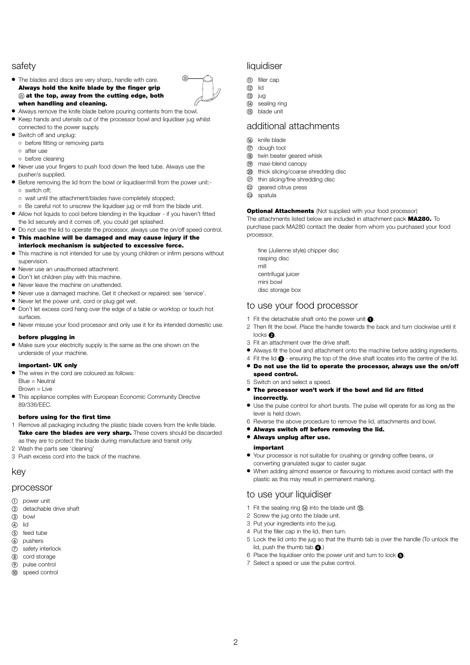 Liquidiser, Additional attachments, Safety | Key processor | Kenwood FP591 User Manual | Page 4 / 37